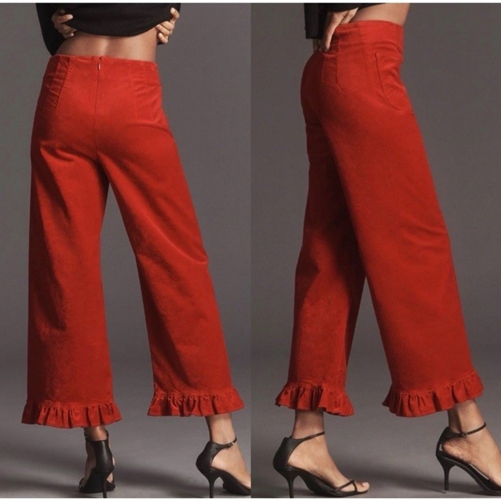 Maeve The Colette Crop Ruffle Wide Hem Pants 34 Red Magic Fabric Anthropologie